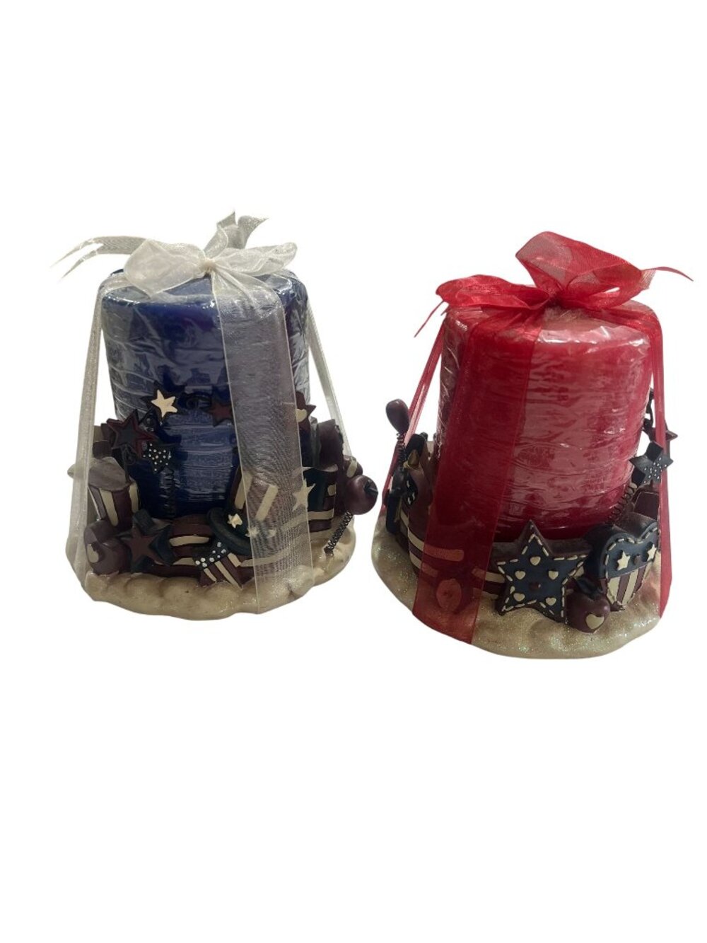 Patriotic Red & Blue Decorative Candles With Star & Flag Accents Wrapped In Shee